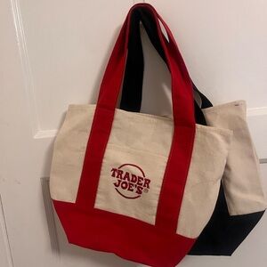 Pair of blue and red mini Trader Joe's Canvas Tote Bags